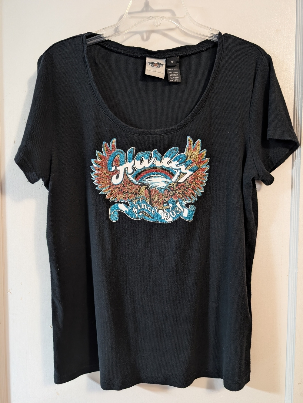 Harley-Davidson Black Short Sleeve Scoop Neck Tee with Multicolor Eagle Graphic